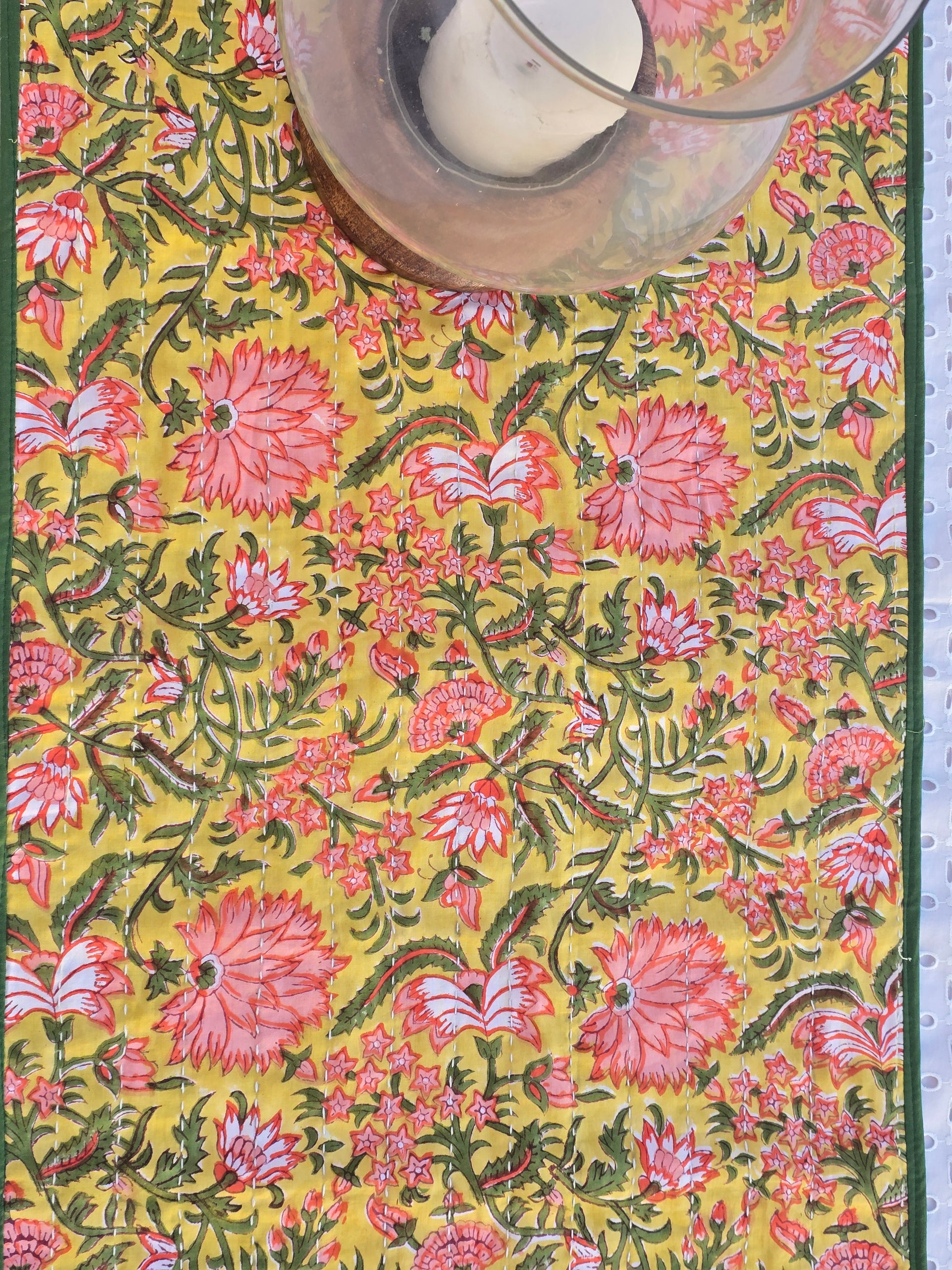 Yellow Floral Handmade Kantha Table Runner | Block Print & Sustainable Cotton - Ohana Earth