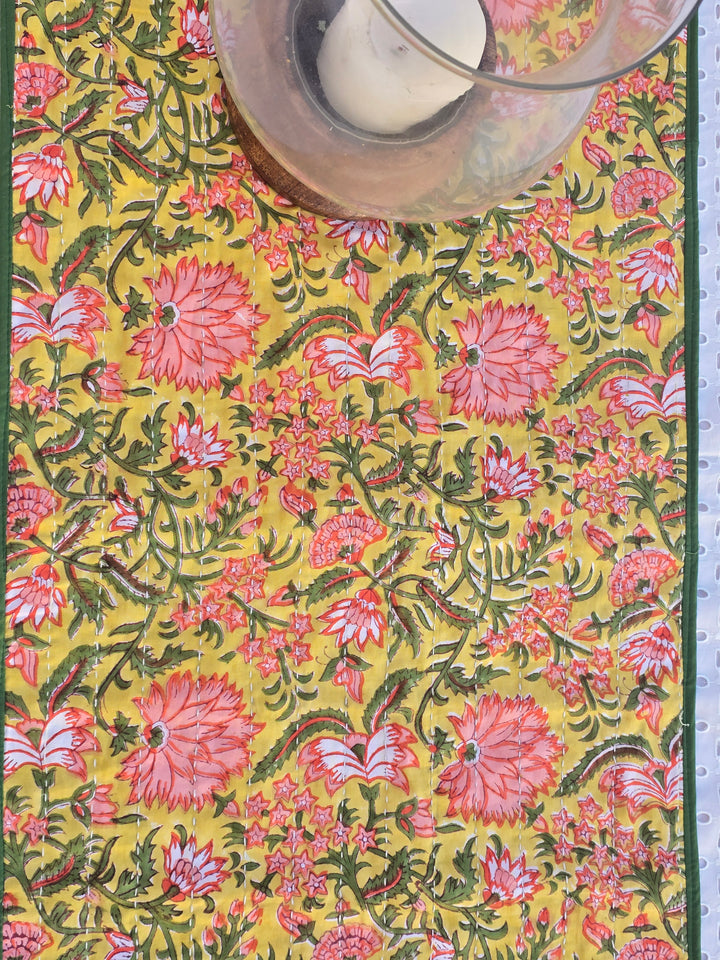 Yellow Floral Handmade Kantha Table Runner | Block Print & Sustainable Cotton - Ohana Earth