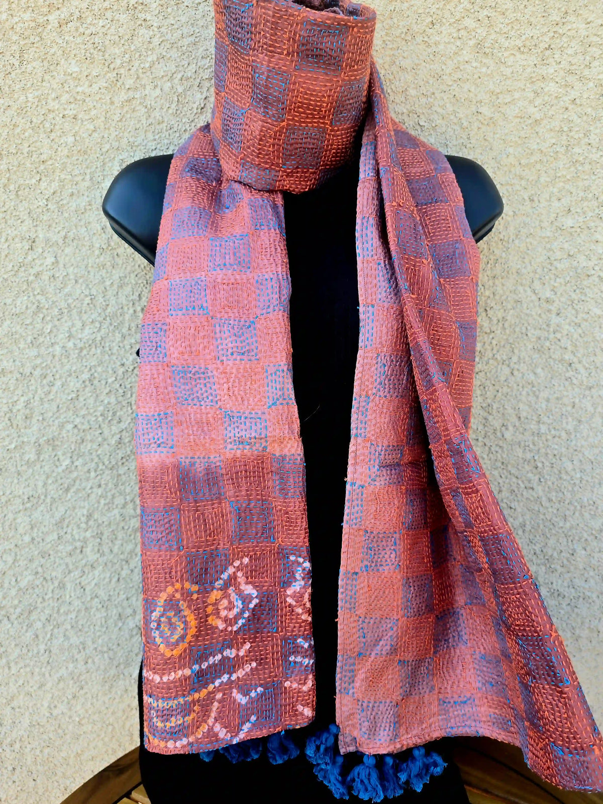 Hand Embroidered Peach Silk Kantha Scarf - Ohana Earth