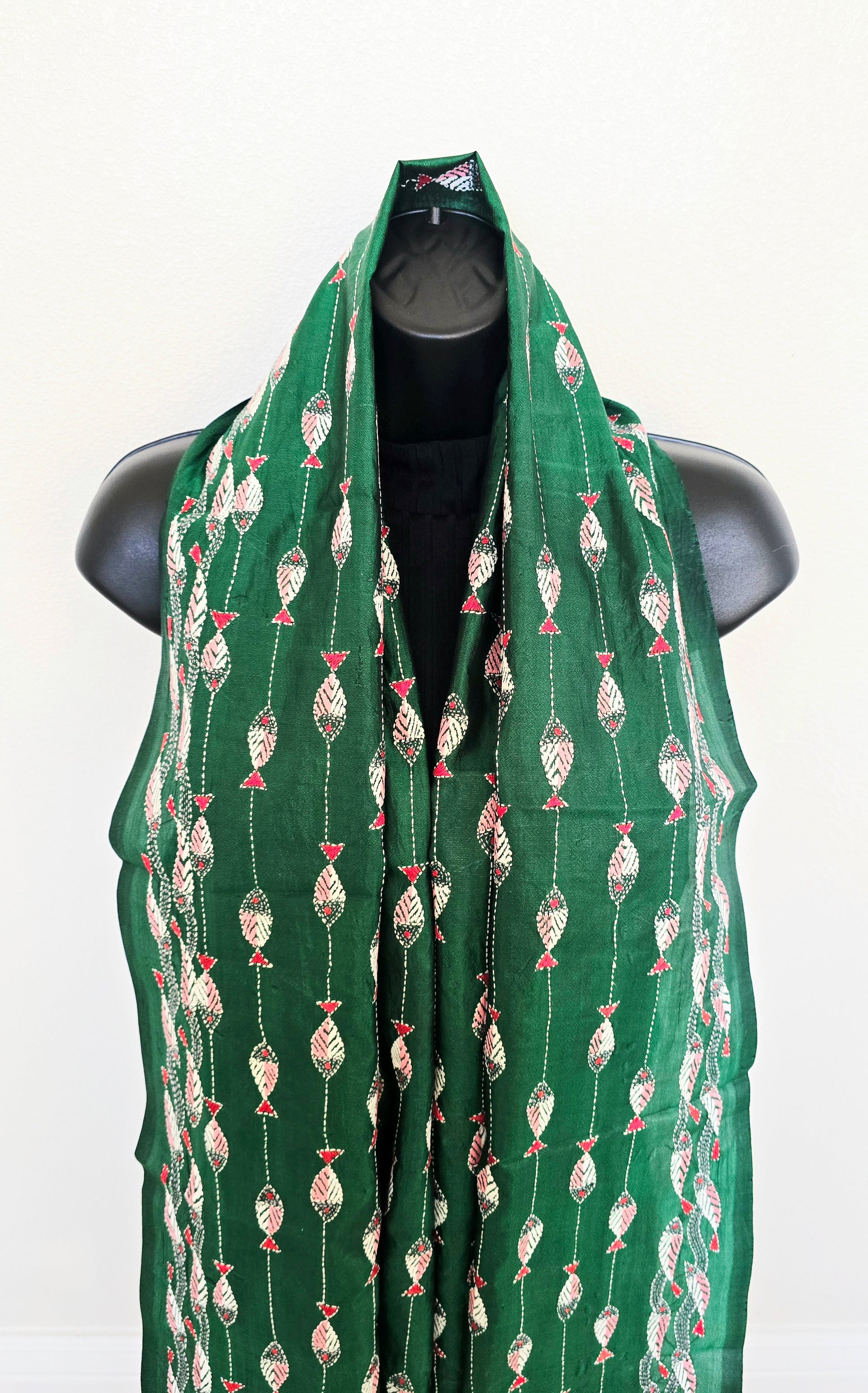 Hand Embroidered Kantha Silk Scarf - Green Fish Heritage Design - Ohana Earth