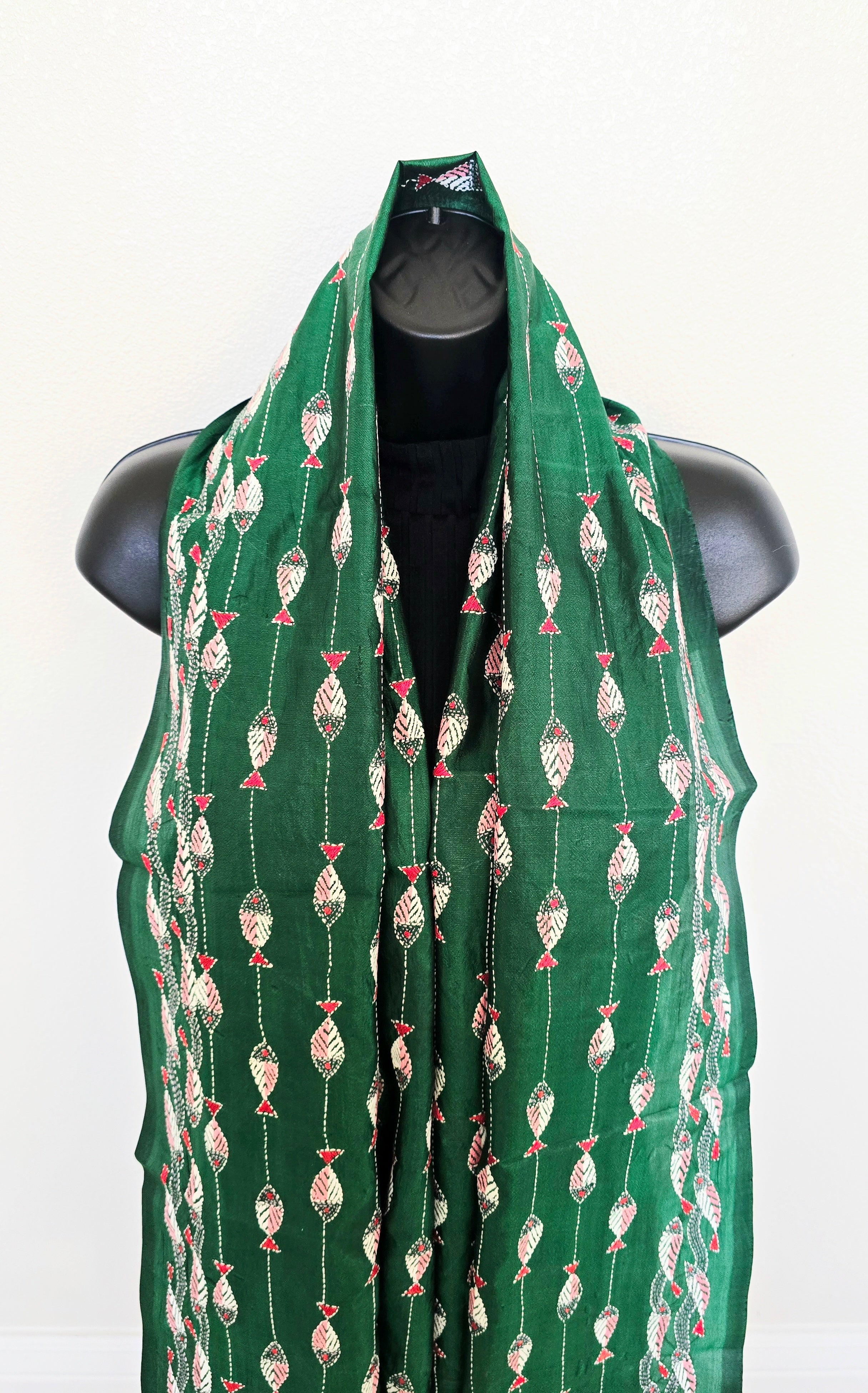 Hand Embroidered Kantha Silk Scarf - Green Fish Heritage Design - Ohana Earth