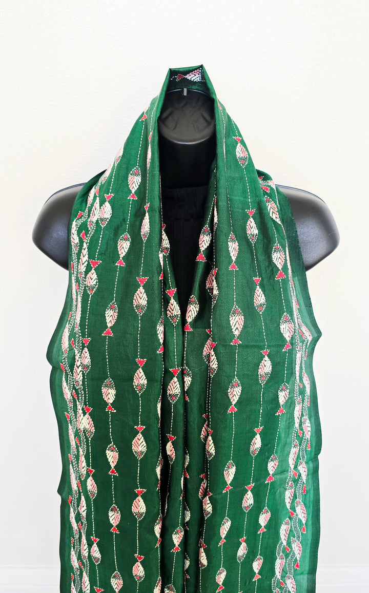 Hand Embroidered Kantha Silk Scarf - Green Fish Heritage Design - Ohana Earth