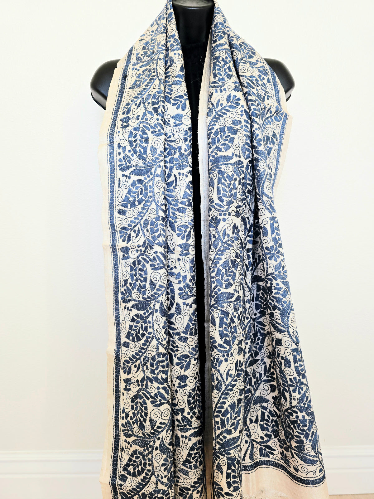 Hand Embroidered Kantha Silk Scarf - Beige and Grey Floral Heritage Design - Ohana Earth