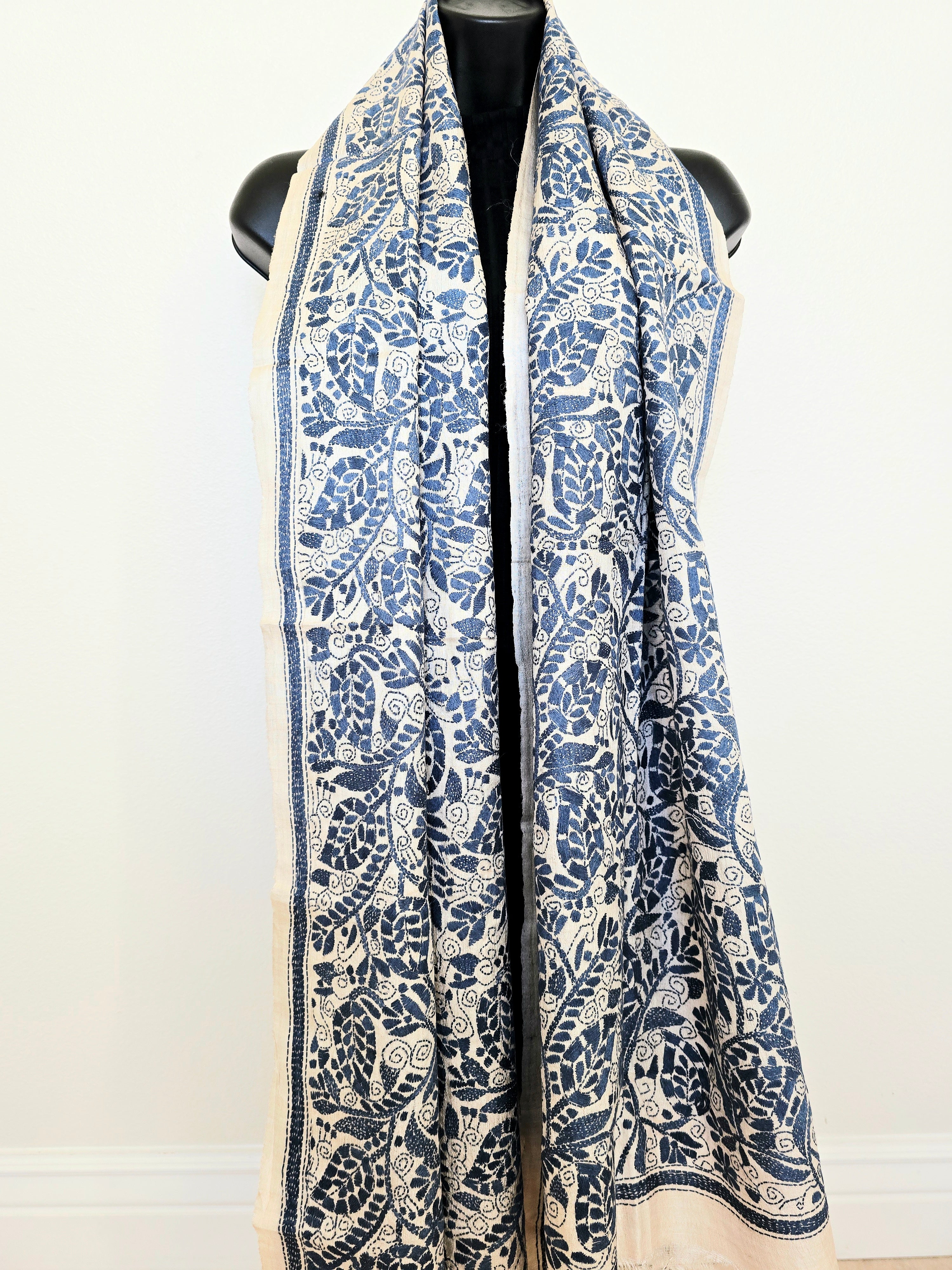Hand Embroidered Kantha Silk Scarf - Beige and Grey Floral Heritage Design - Ohana Earth
