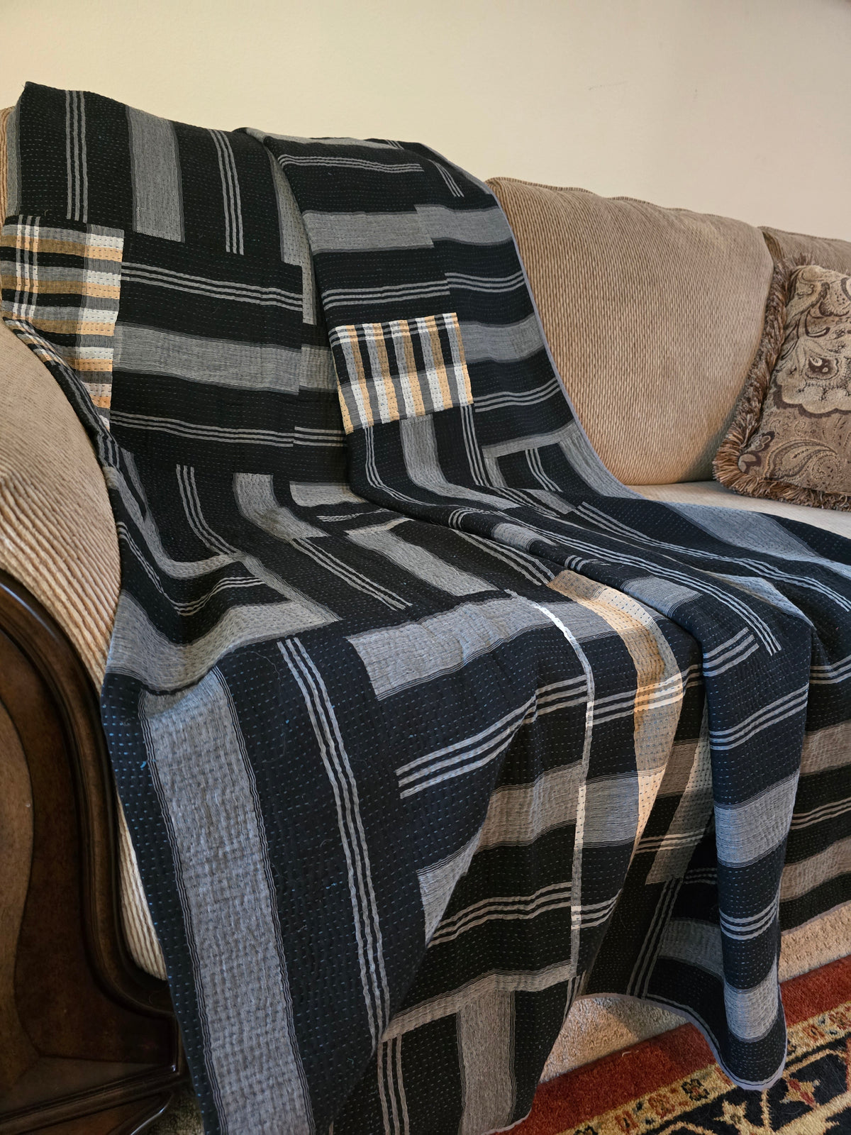White Black Patchwork Handmade Kantha Throw - Ohana Earth