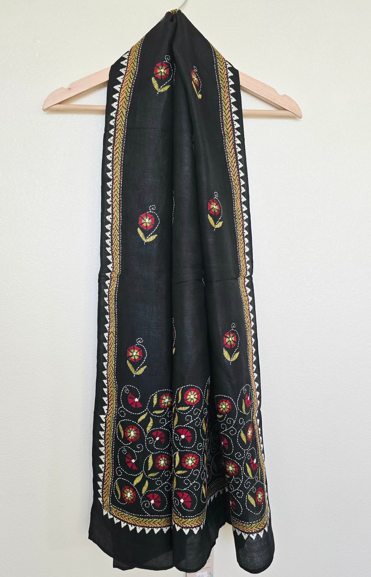 Hand Embroidered Kantha Silk Scarf - Black Floral Design - Ohana Earth