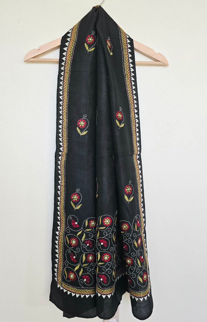 Hand Embroidered Kantha Silk Scarf - Black Floral Design - Ohana Earth