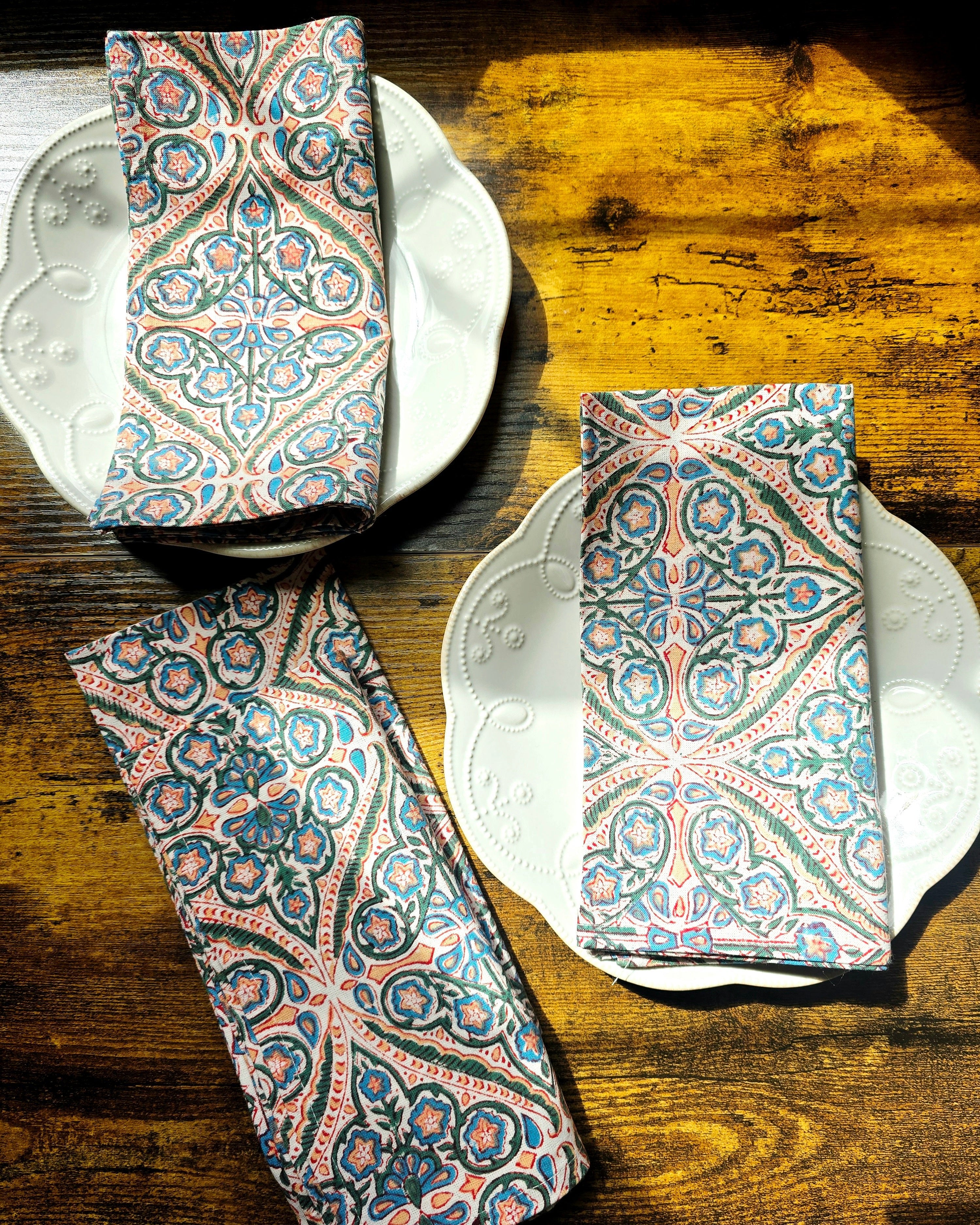 Orange Floral Block Print Cotton Napkins Set – Handmade Cloth Napkins - Ohana Earth