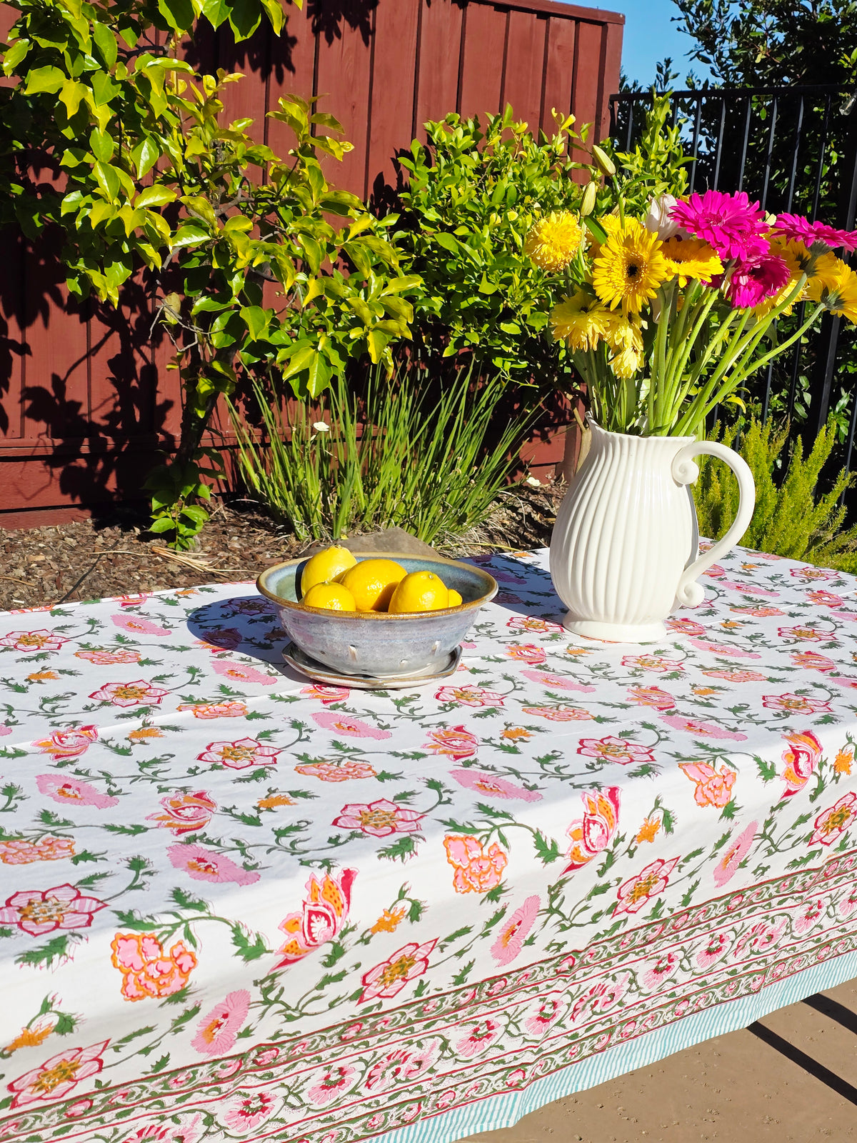Orange Pink Flower Block Printed Table Cloth - Ohana Earth