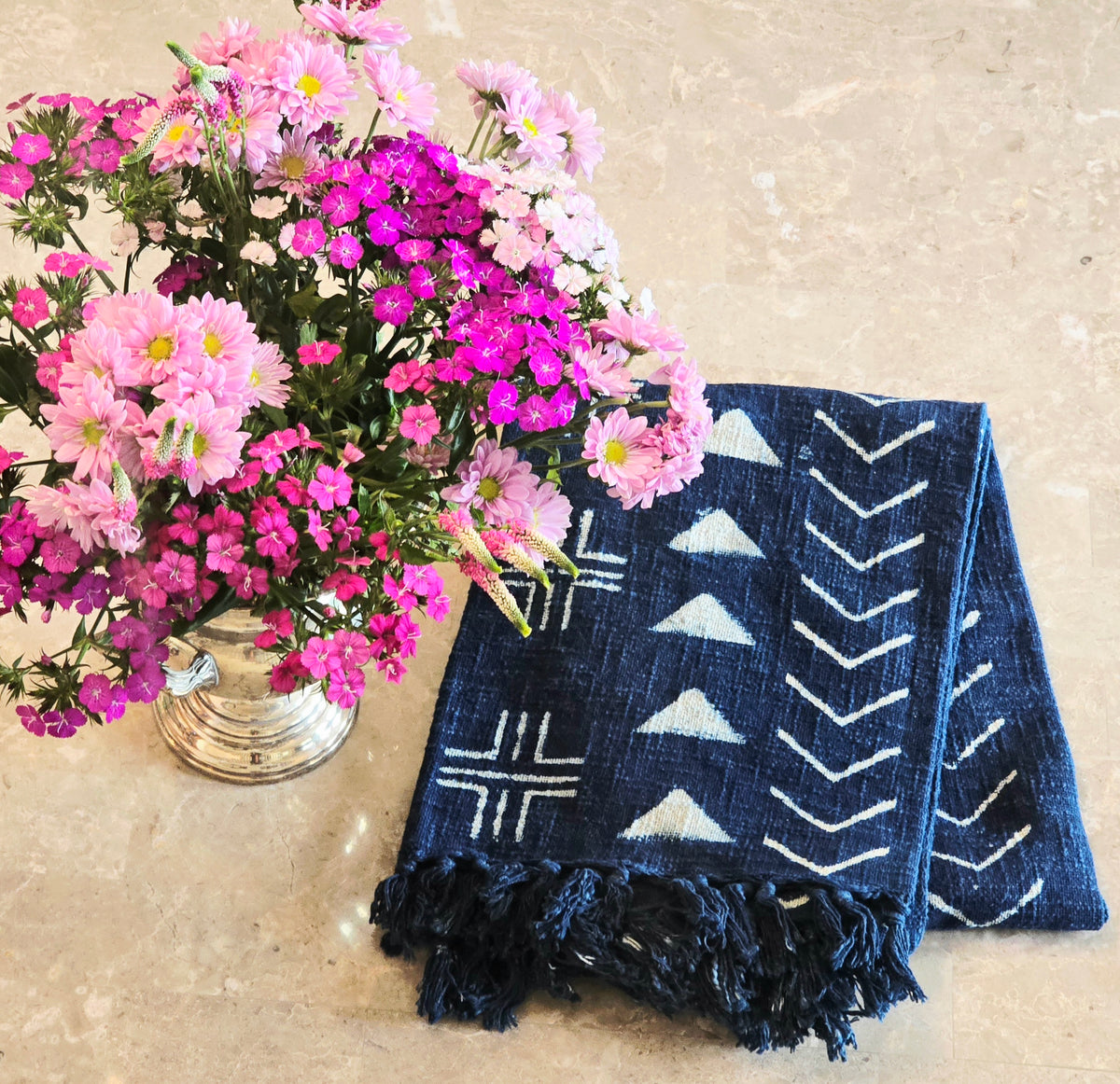 Indigo Geometric Cotton Throw | Slub Cotton Throw Blanket - Ohana Earth