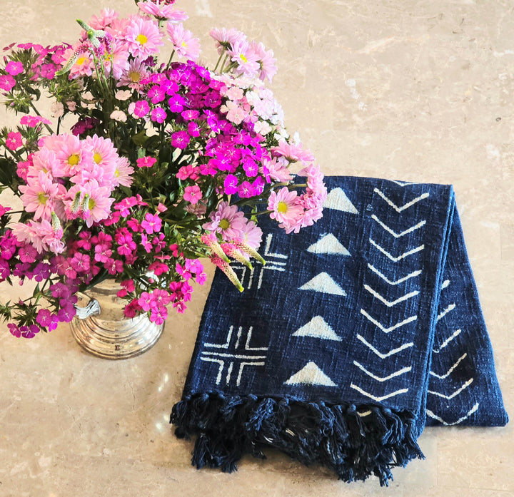 Indigo Geometric Cotton Throw | Slub Cotton Throw Blanket - Ohana Earth