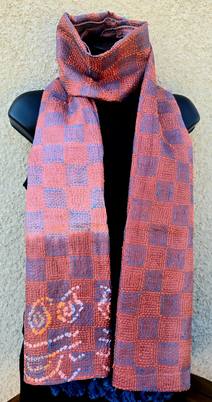 Hand Embroidered Peach Silk Kantha Scarf - Ohana Earth
