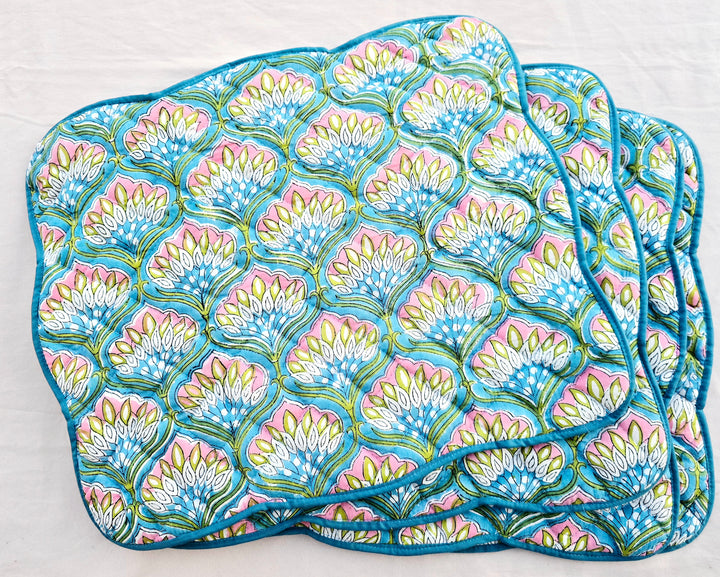 Blue Floral Handmade Cotton Quilted Placemat with Scalloped Sides - Ohana Earth