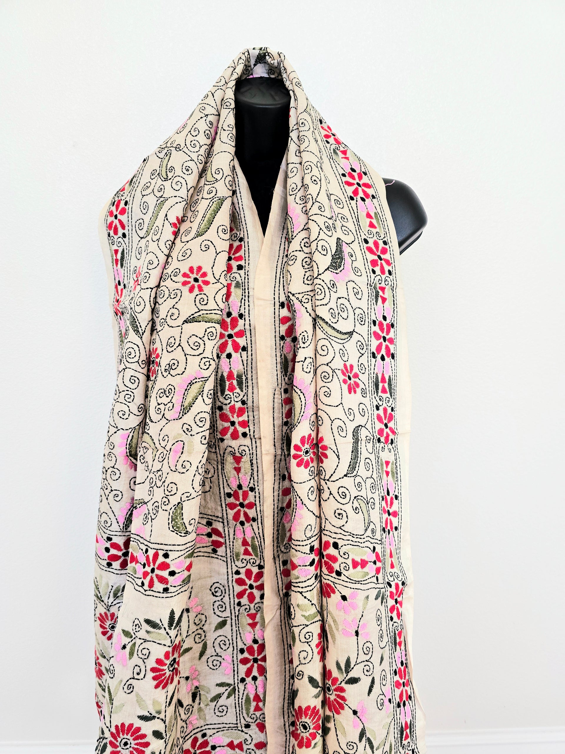 Hand Embroidered Kantha Silk Scarf - Beige and Green Floral Heritage Design - Ohana Earth