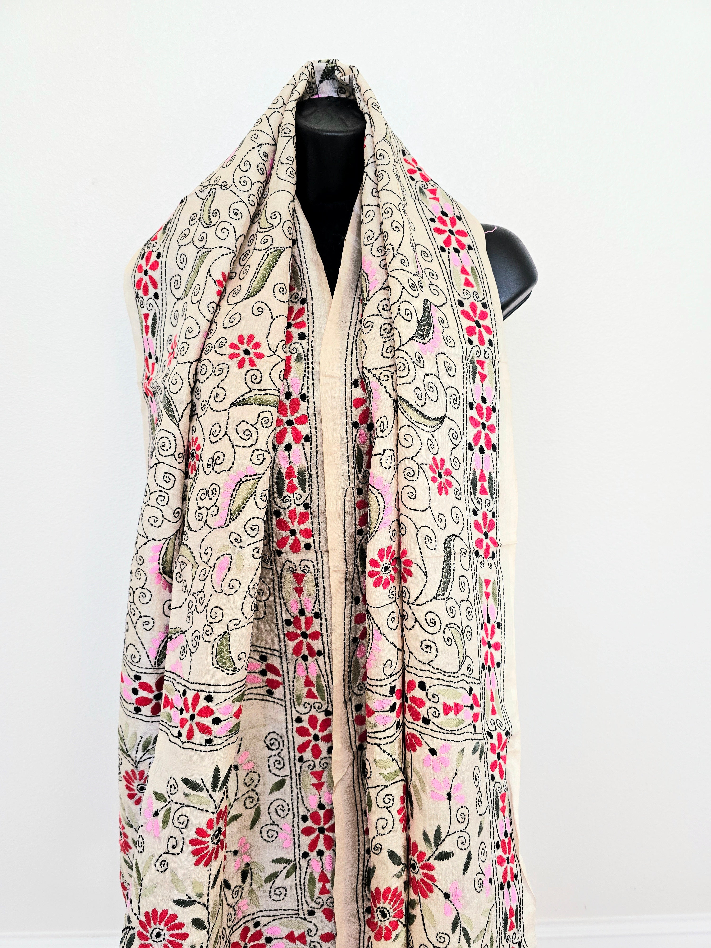 Hand Embroidered Kantha Silk Scarf - Beige and Green Floral Heritage Design - Ohana Earth