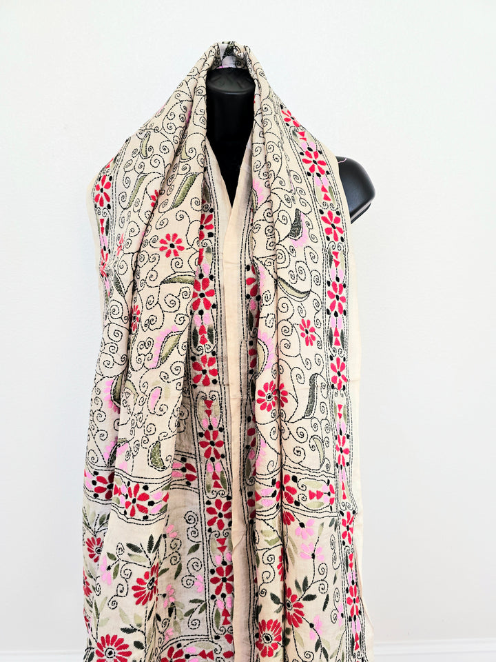 Hand Embroidered Kantha Silk Scarf - Beige and Green Floral Heritage Design - Ohana Earth