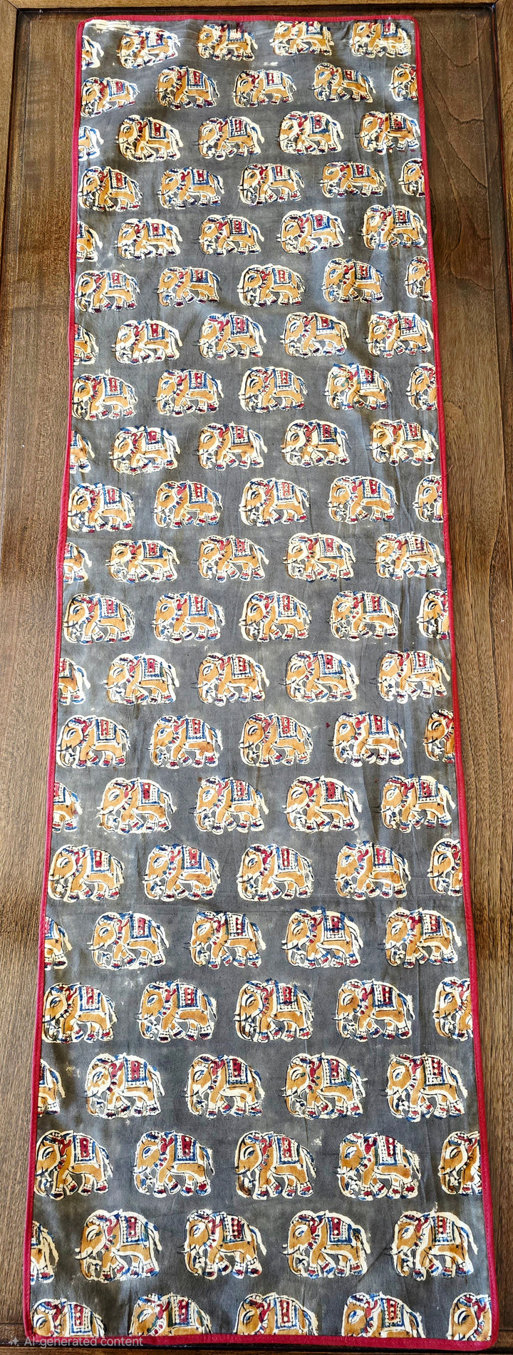 Hand Block Print Table Runner — Elephant, Olive + Burgundy - Ohana Earth