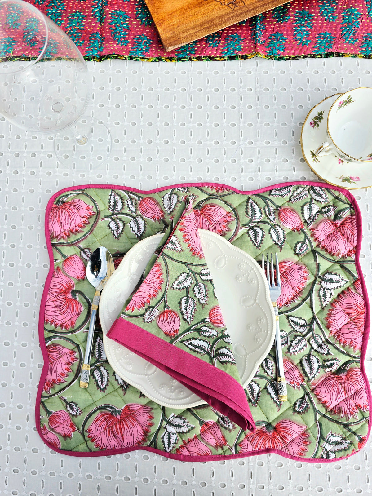Floral Block Print Cotton Handmade Quilted Placemat - Ohana Earth