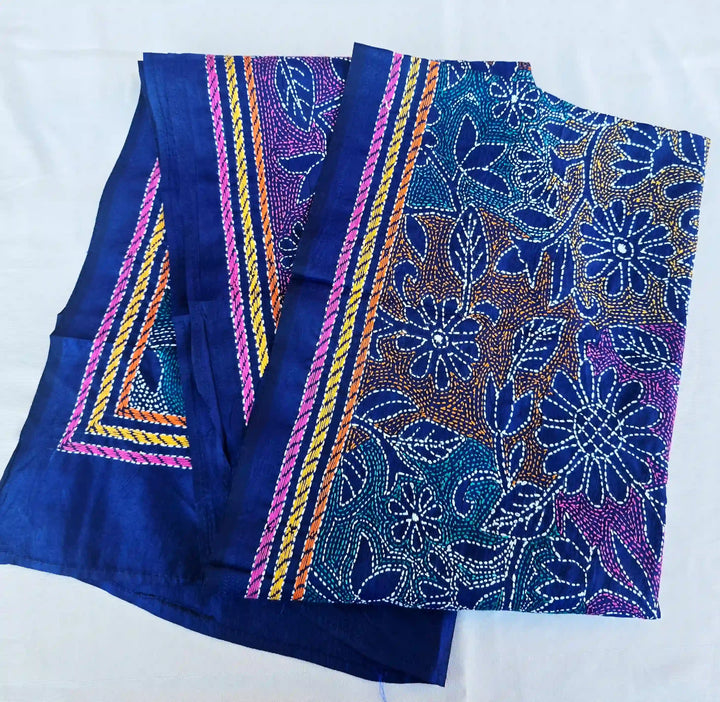 Hand Embroidered Reverse Kantha Silk Scarf - Navy Blue - Ohana Earth